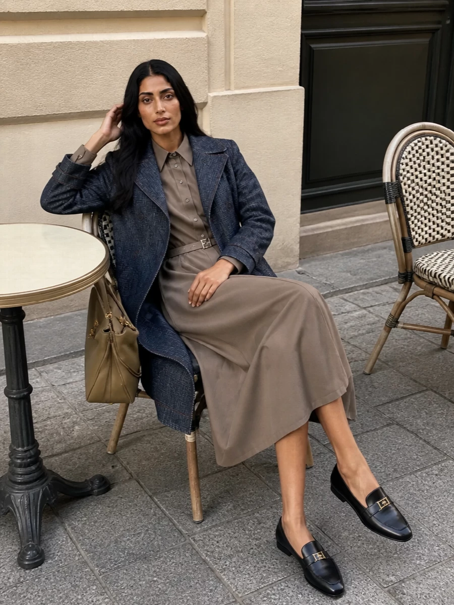 This look pairs the indigo Fendi geometric coat with a taupe Fendi belted shirt dress to create a streamlined, quietly logoed silhouette that feels impeccably SS-appropriate and boardroom-to-dinner ready. Black pointed flat loafers keep the line sharp yet effortless, while the taupe-olive Balenciaga top-handle bag ties the neutrals together for a cohesive, understated luxury statement. Opting for the dress route rather than denim separates lets the coat remain the architectural focal point without overcomplicating texture or proportion.