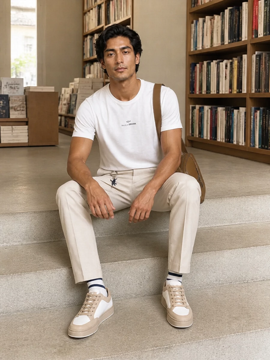 A soft white Paul & Shark tee meets light beige chinos for a fresh, nautical take on casual dressing. Off white and sand sneakers keep the lines clean and relaxed, while the tan crossbody adds a touch of structure without breaking the neutral flow. Striped socks tie the navy accents together for a quietly coordinated finish that moves easily from city errands to seaside afternoons.