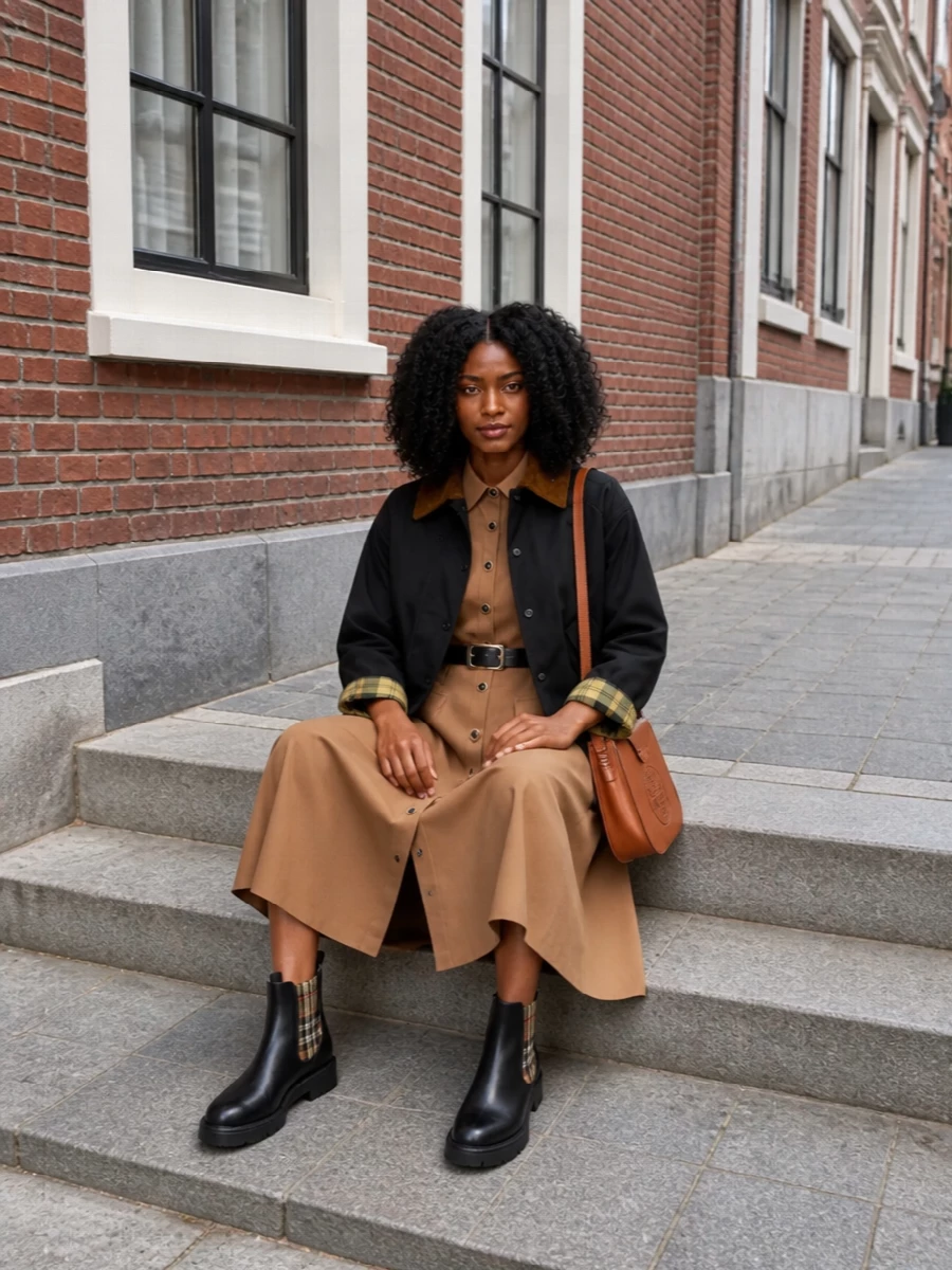 Barbour jacket self portrait camel shirt dress outfit