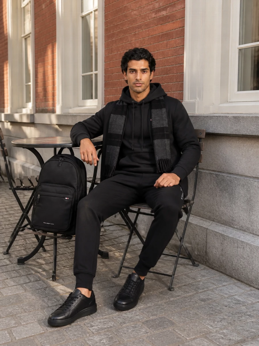 Tommy hilfiger charcoal hoodie black joggers outfit
