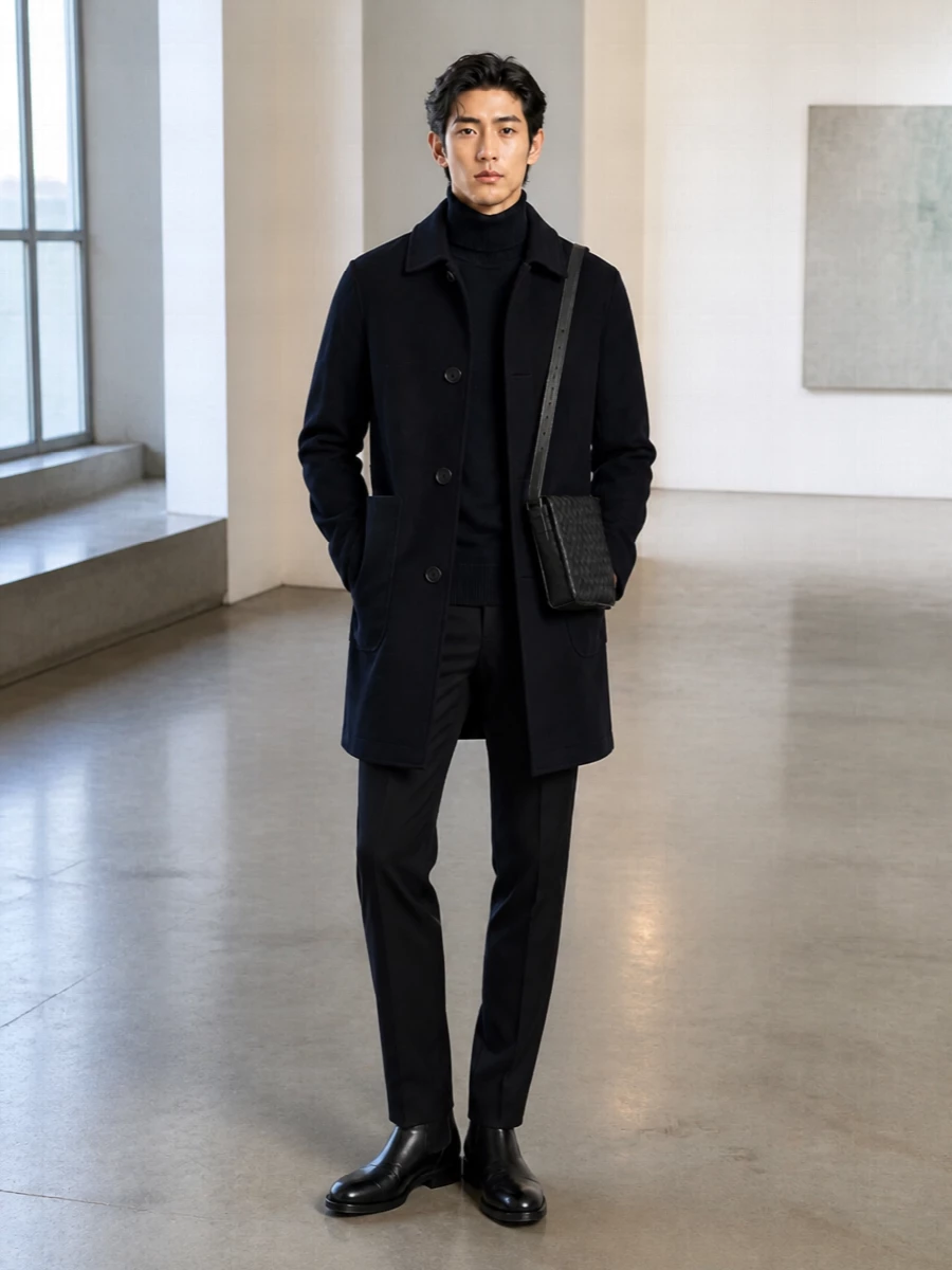 Etro navy coat turtleneck zegna trousers