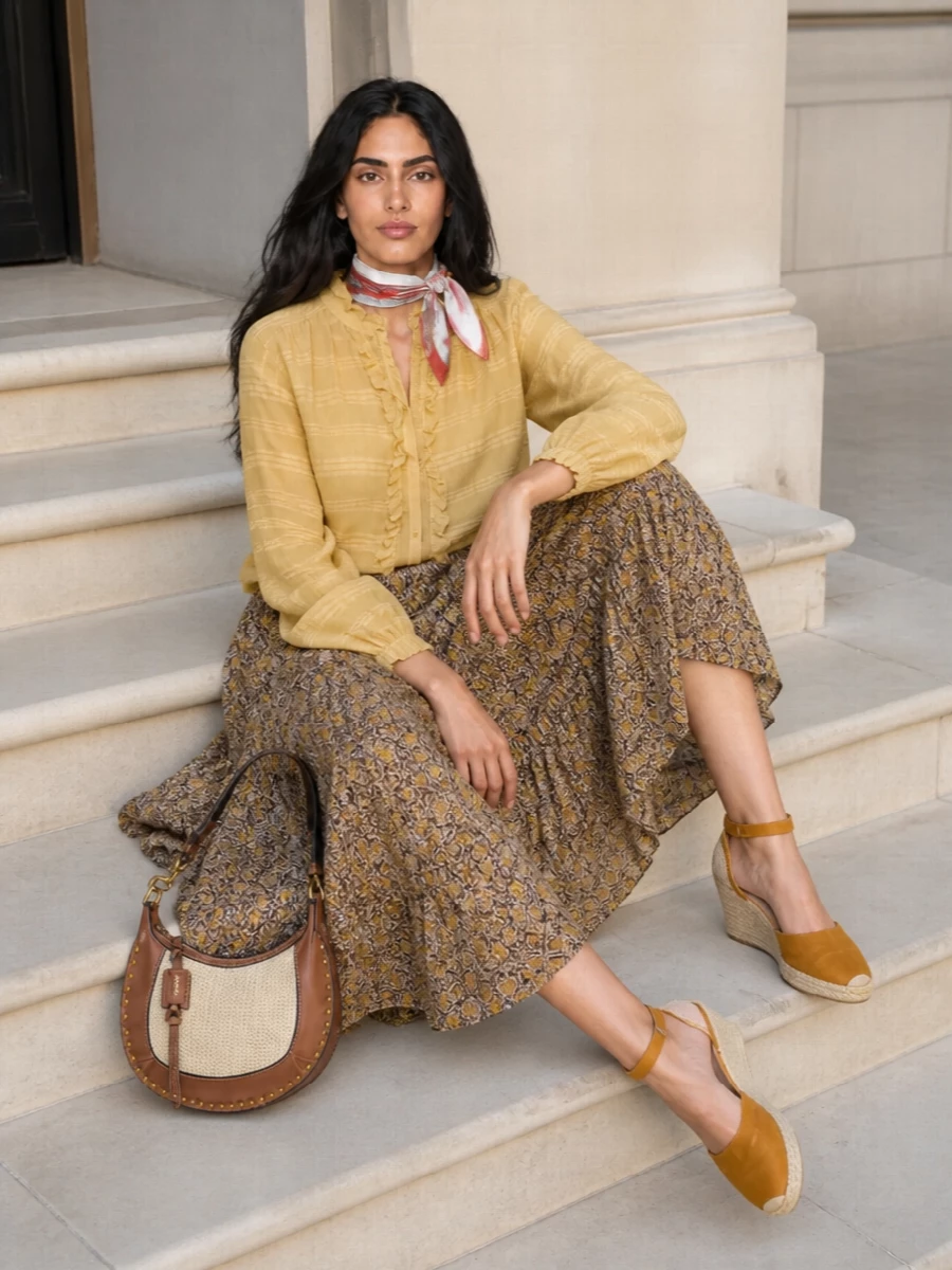 Isabel marant etoile boho blouse floral midi outfit