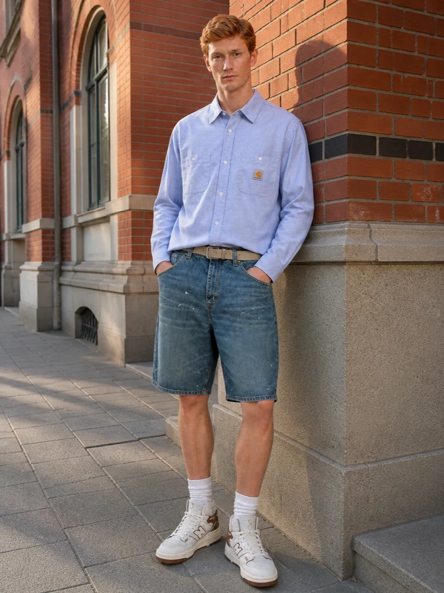 Carhartt denim shorts work shirt new balance sneakers