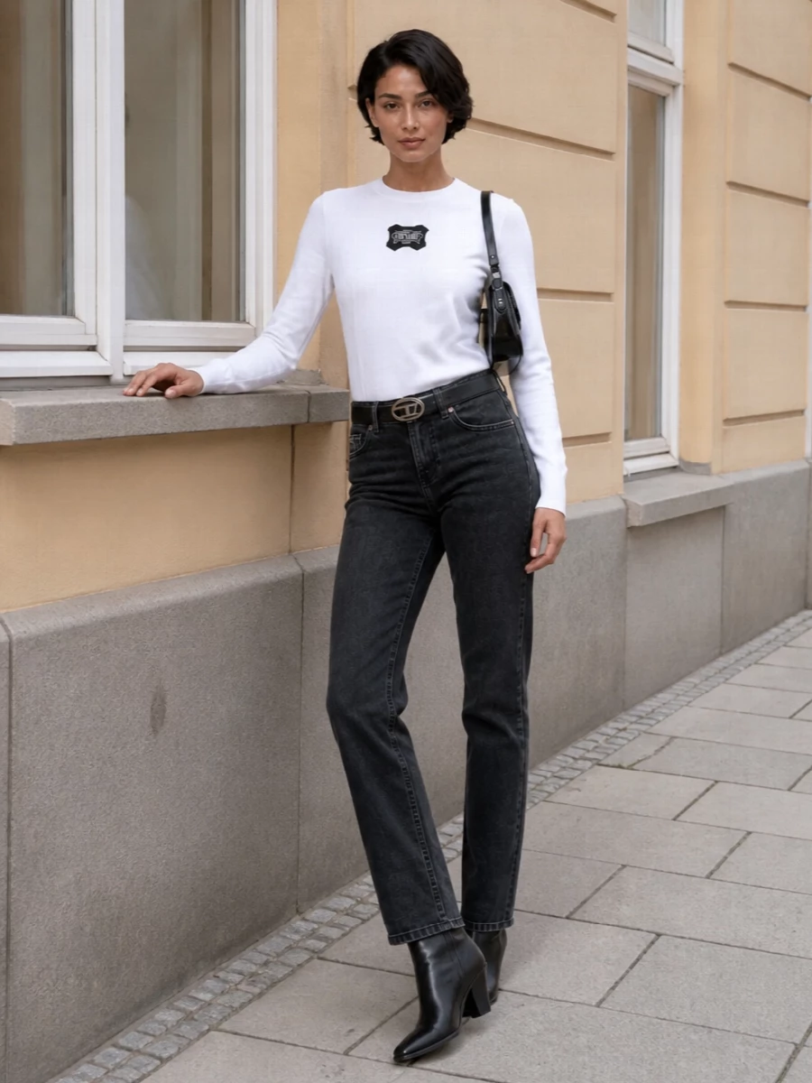Versace straight jeans white logo knit outfit