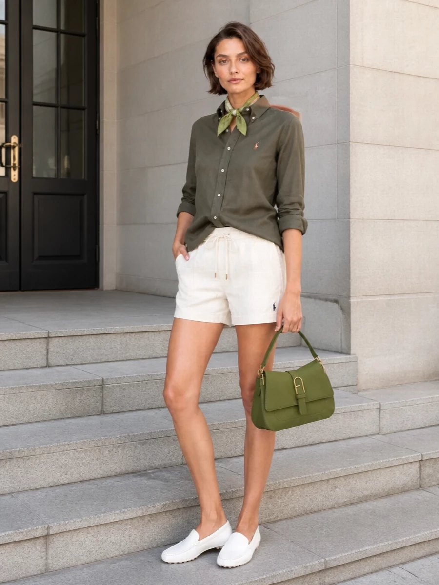Olive and ivory keep this outfit grounded yet fresh, pairing the tailored shirt with easy drawstring shorts for a relaxed preppy mood. White driving loafers and a structured olive shoulder bag nudge it into quietly refined territory without losing that holiday-in-the-city ease. The mini scarf adds just a touch of pattern and softness while staying within the same calm palette.