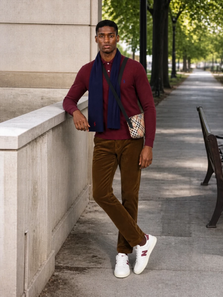 Burgundy, camel and navy come together here in a clean, collegiate way that feels easy for cooler city days. The straight cord trouser sharpens the polo just enough, while the retro court sneakers and crossbody keep everything relaxed and practical. It is smart without being stiff, ideal from coffee runs to casual dinners.