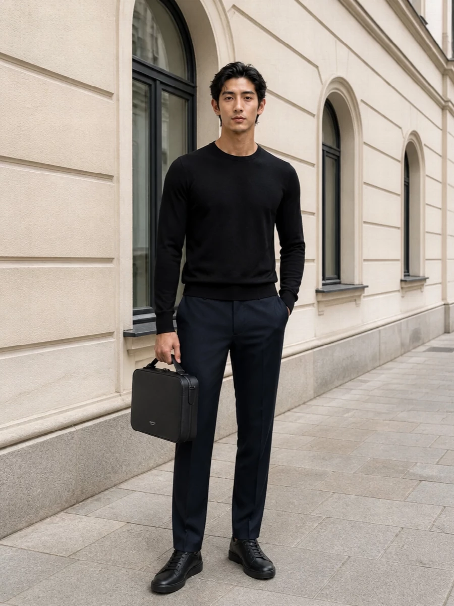 A deep-black crew and navy straight trouser build a calm, tailored base that feels precise without being stiff. Sleek black sneakers sharpen the line just enough, keeping it modern rather than formal. The structured charcoal crossbody finishes the outfit with a practical, polished note that still reads intentionally minimal.