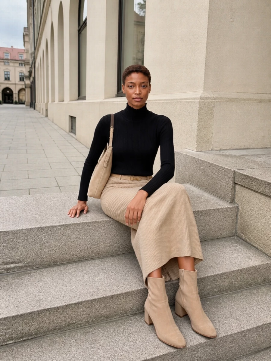 Alysi ribbed skirt black knit beige ankle boots