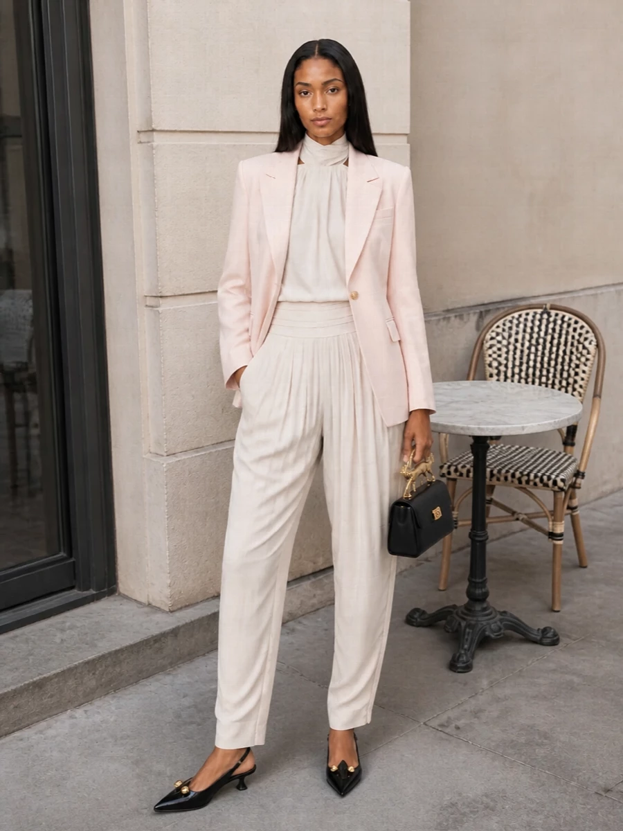 Lanvin blush blazer ivory trousers outfit