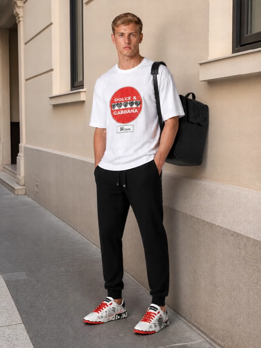 Dolce gabbana graphic sneakers black joggers outfit