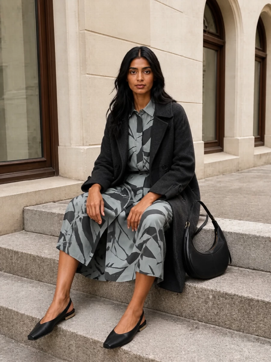 Max mara charcoal coat printed shirt dress outfit