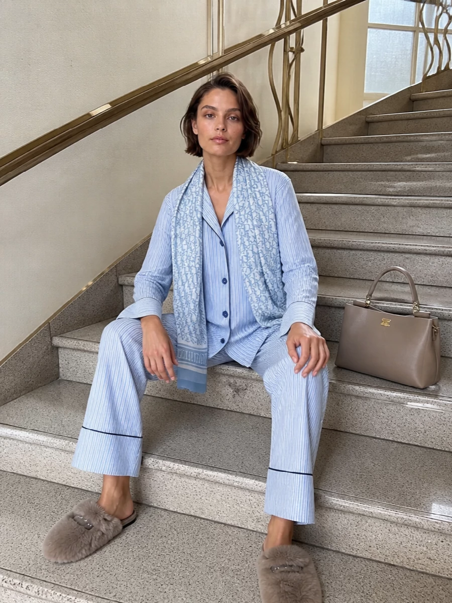 A powder-blue striped pajama shirt and matching-toned striped trousers form a coordinated set that feels precise yet relaxed, like menswear tailoring softened for home. Plush taupe mules and a structured taupe top-handle bag keep the mood serene and polished, quietly tying the palette together. A powder-blue logo scarf adds a final whisper of preppy detail without disturbing the clean, straight lines.