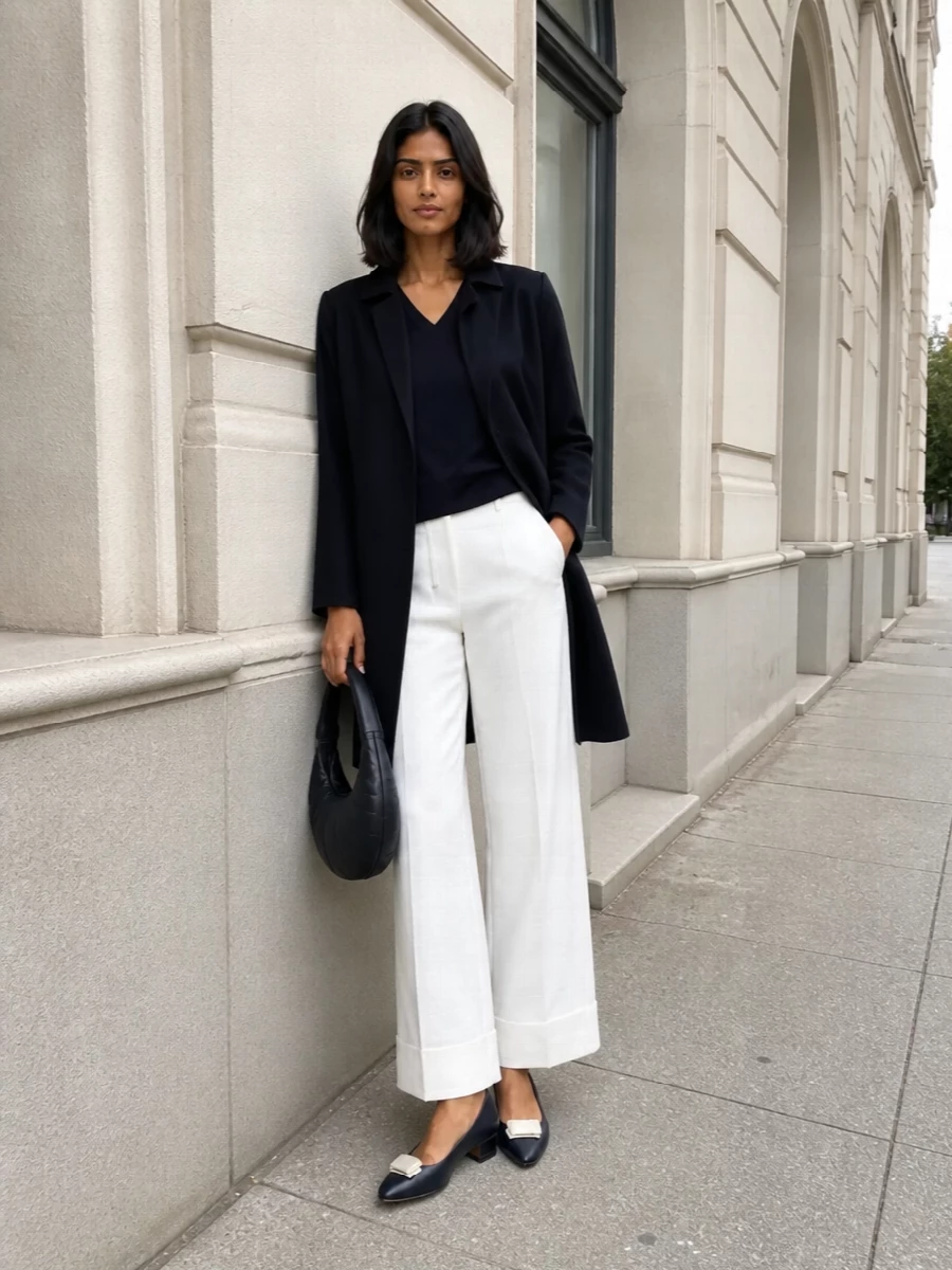 Herno navy coat white wide leg trousers outfit