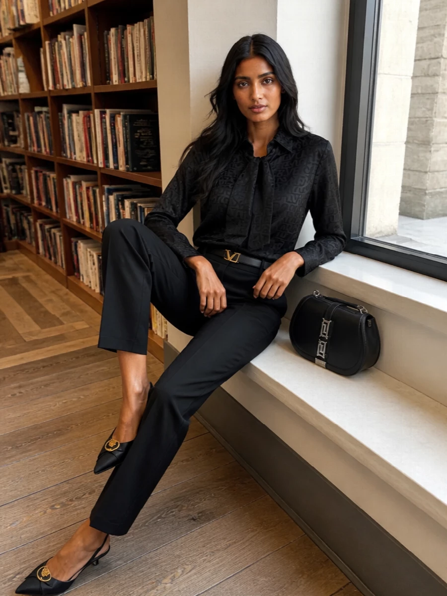 Versace’s tonal-logo shirt is grounded by immaculate black straight-leg tailoring, creating a long, uninterrupted column of dark polish. A slim belt and pointed kitten-heel slingbacks keep the silhouette sharp but not severe, while the structured shoulder bag adds a modern, architectural finish that reads boardroom-ready yet cocktail-appropriate. This is power dressing handled with restraint, all about cut, fabric and proportion rather than overt logos or colour.