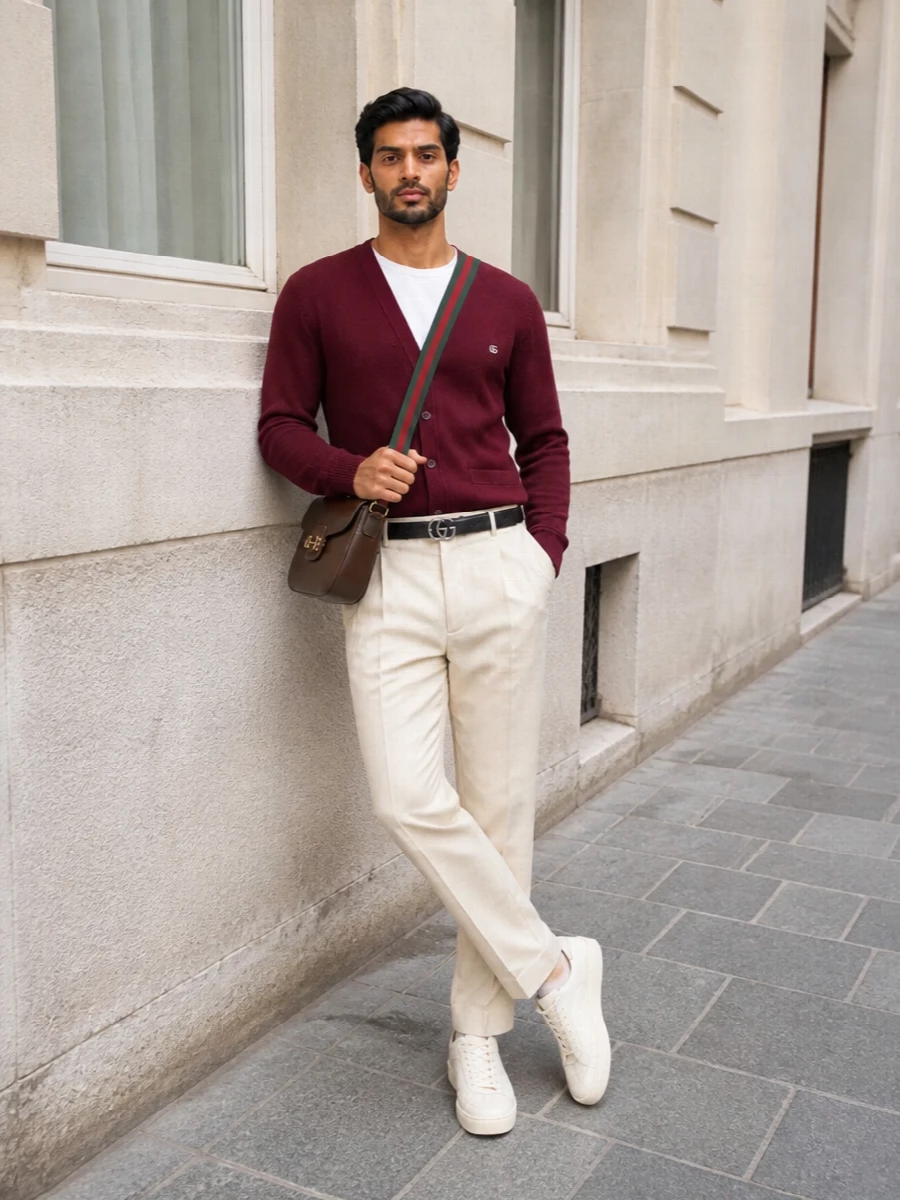 Gucci burgundy cardigan pleated trousers outfit