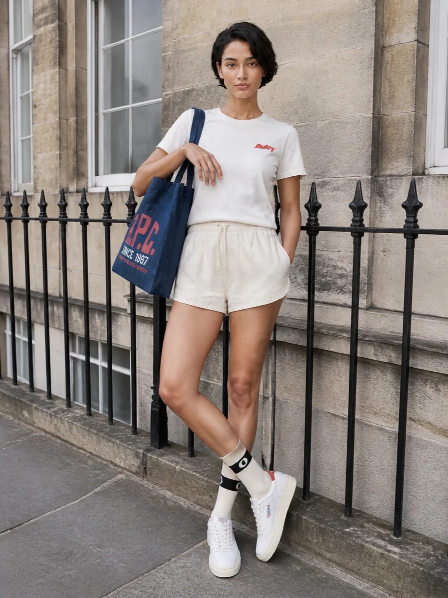 White-on-ivory Autry pieces set a fresh, gym-inspired base that feels clean and relaxed for warm days. Retro white court sneakers with a red flash pick up the tee’s logo hit, while the oversized indigo A.P.C. tote adds just enough structure and color to keep the outfit city ready without disrupting the minimal palette.