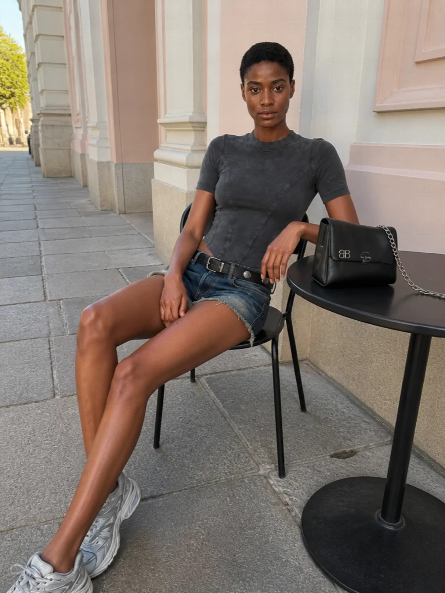 Balenciaga denim shorts corset top sneakers