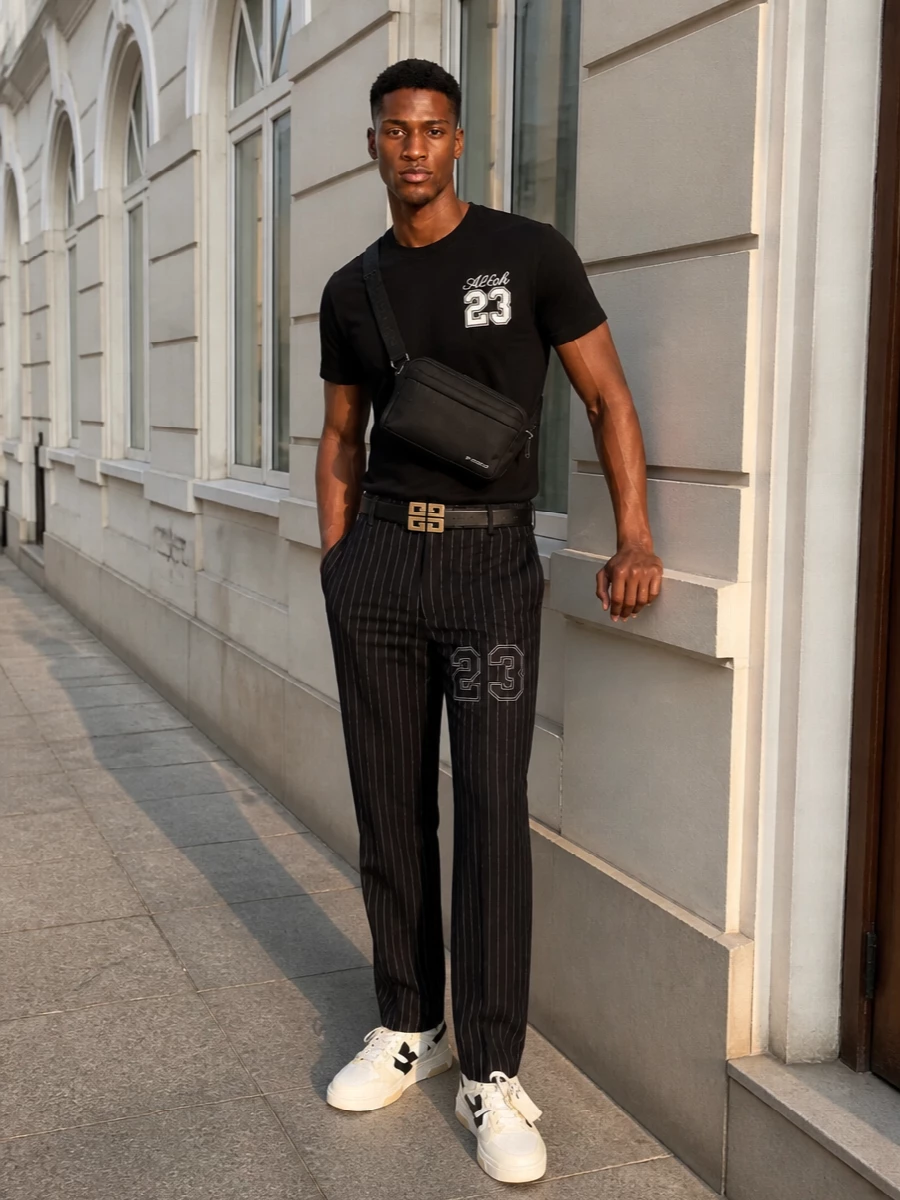 Off white varsity tee pinstripe trousers outfit