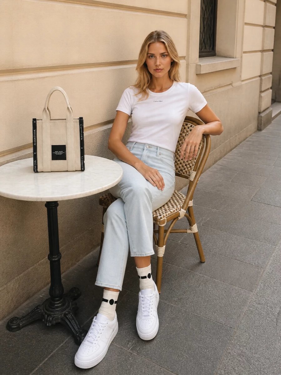 A crisp Calvin Klein tee and pale straight denim set up a clean, low-key base that feels easy from coffee runs to late afternoons. White Nike sneakers keep the line sporty and unfussy, while the compact Marc Jacobs tote and logo socks add just enough graphic detail to feel considered without pushing the mood too dressed.