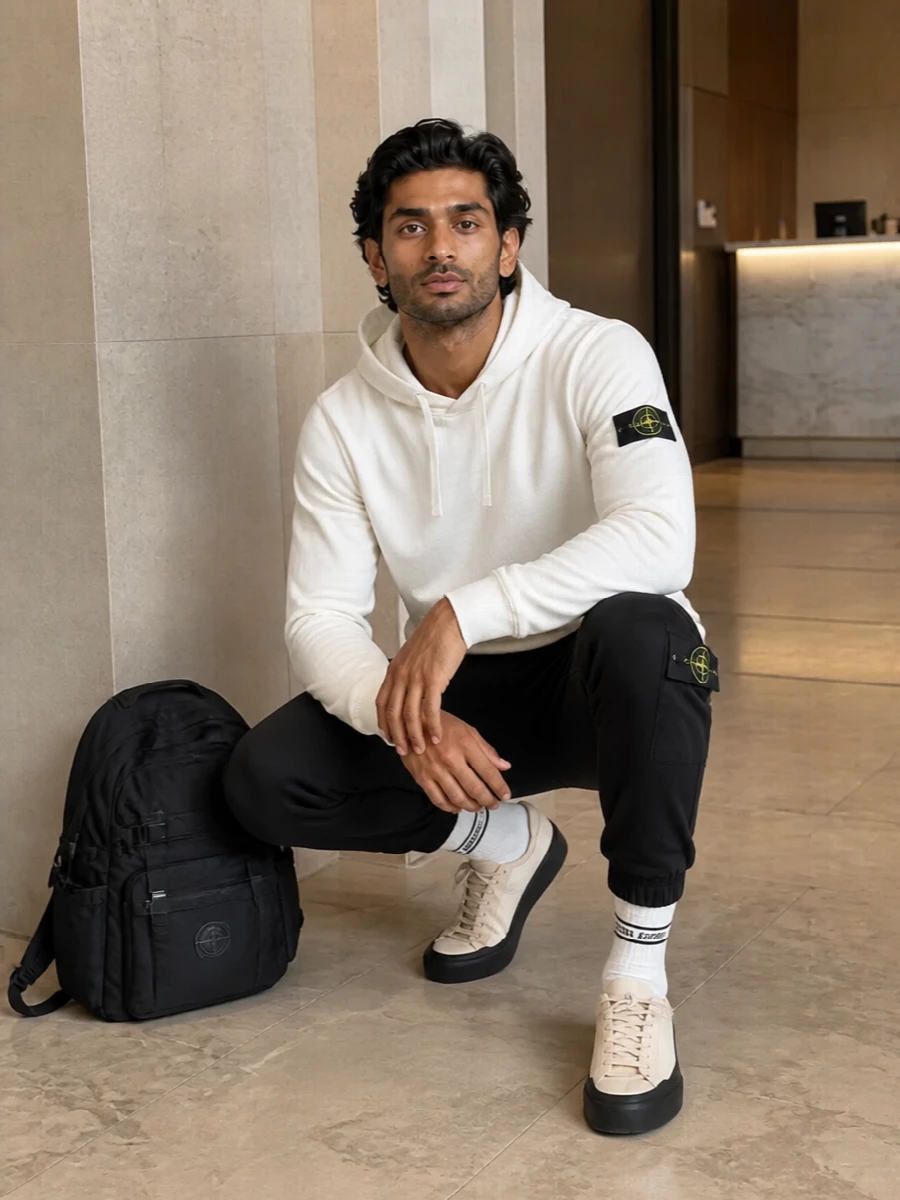 Stone island hoodie black cargo joggers outfit