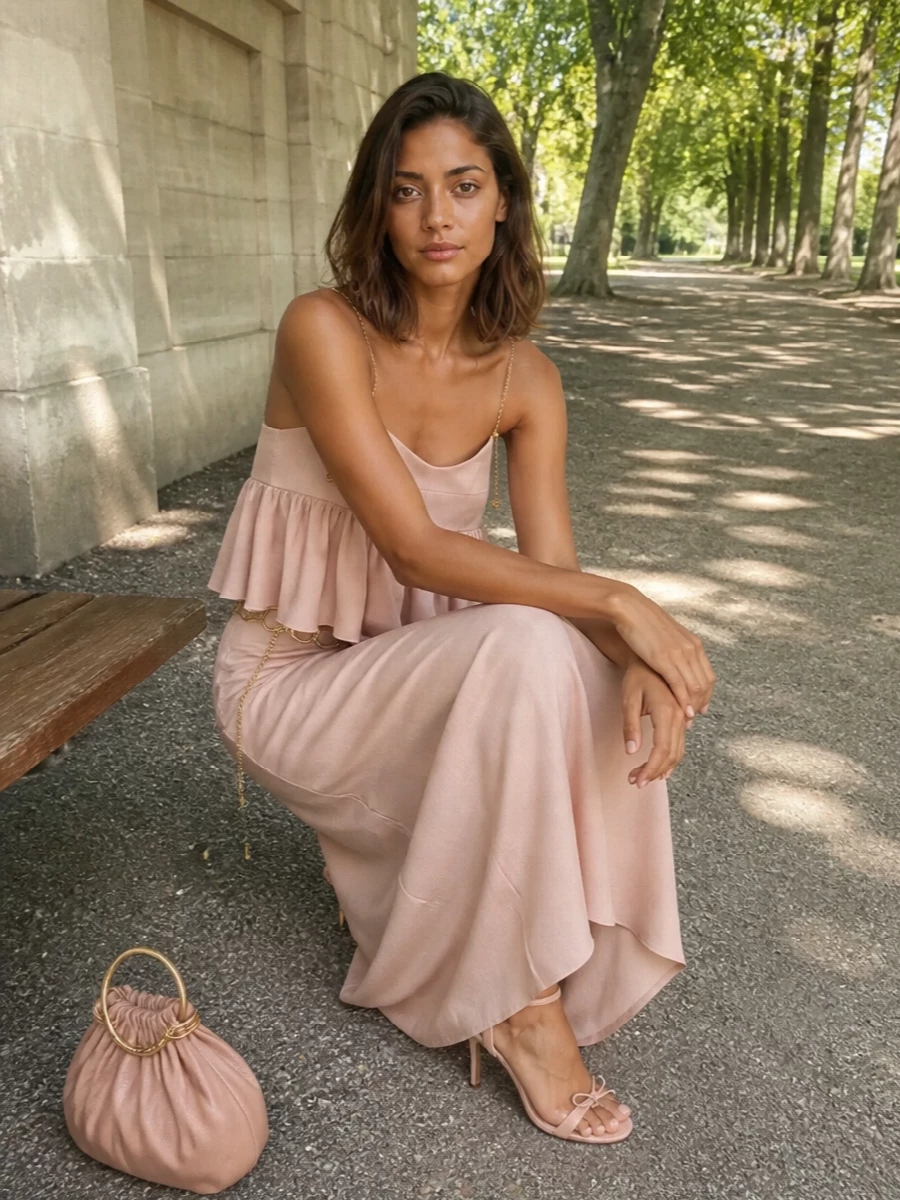 Chloe blush satin skirt outfit nude heels