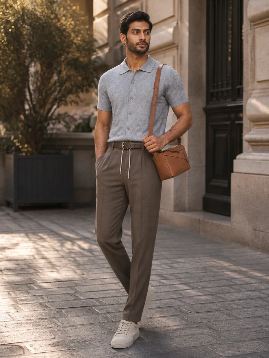 Mocha tailored joggers are paired with a soft heather-grey knit shirt for a refined, tonal SS look that feels considered yet easy. Sand suede low-tops keep the palette light and modern, while a cognac geometric shoulder bag and chocolate belt introduce warm leather accents that underline the quiet-luxury mood without disturbing the clean lines.