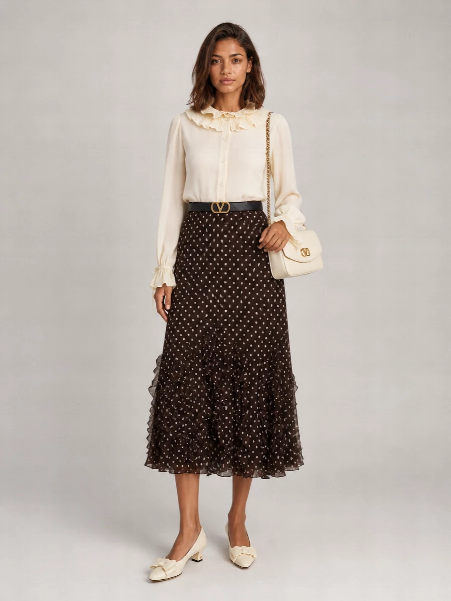 Soft buttercream against espresso brown keeps the mood romantic and refined, letting the skirt’s ruffles do the talking. A low cream block heel and matching flap bag keep everything light and composed, while a slim logo belt quietly defines the waist without disturbing the fluidity. It is an easy city-terrace outfit that feels as considered in daylight as it does after dark.