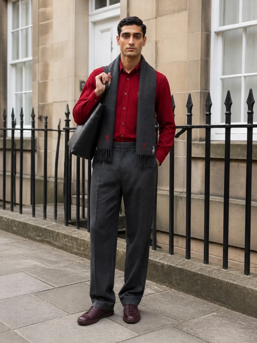 Ami paris red shirt charcoal trousers outfit