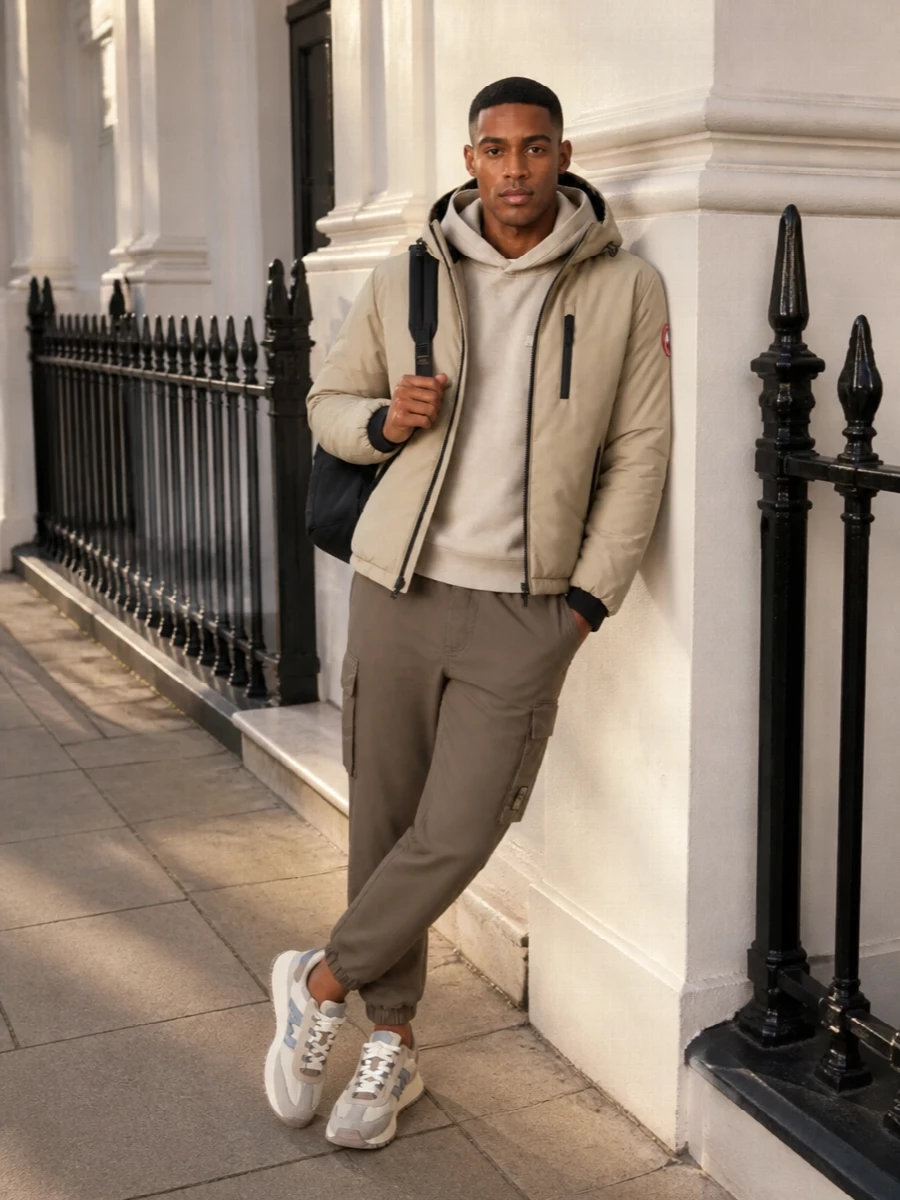 Canada goose beige jacket moncler joggers outfit