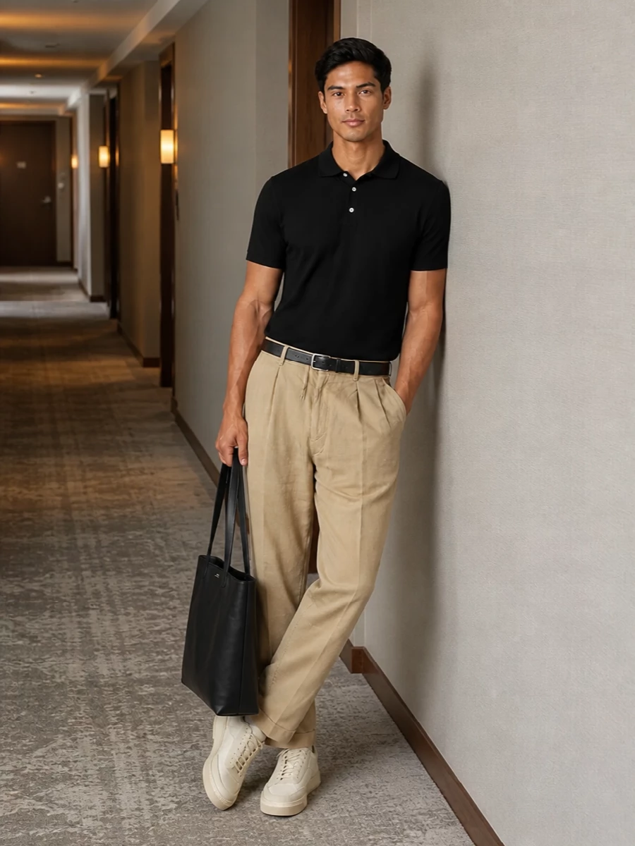 Beams plus black polo sand trousers boss sneakers