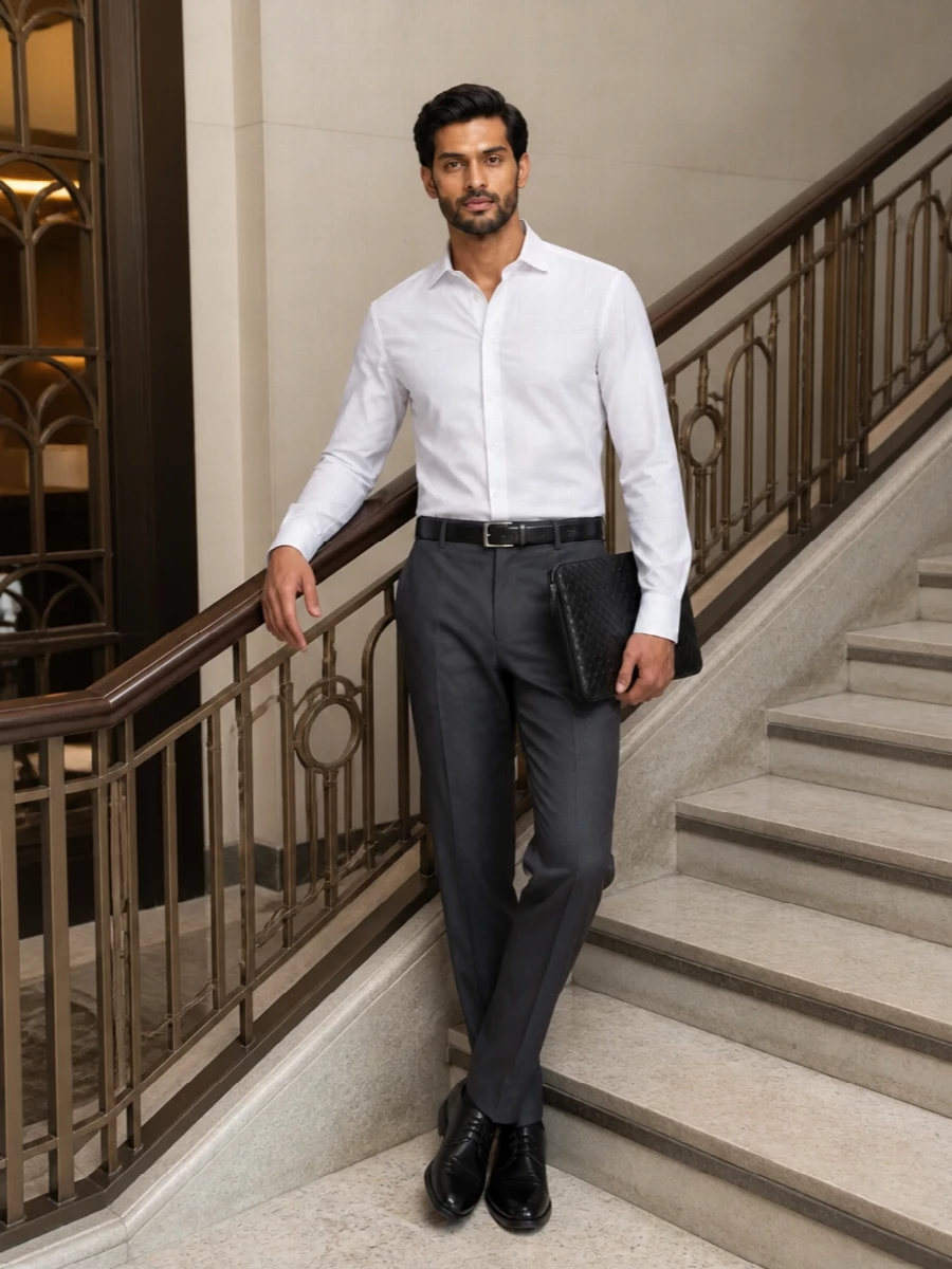 Valentino charcoal trouser white shirt outfit