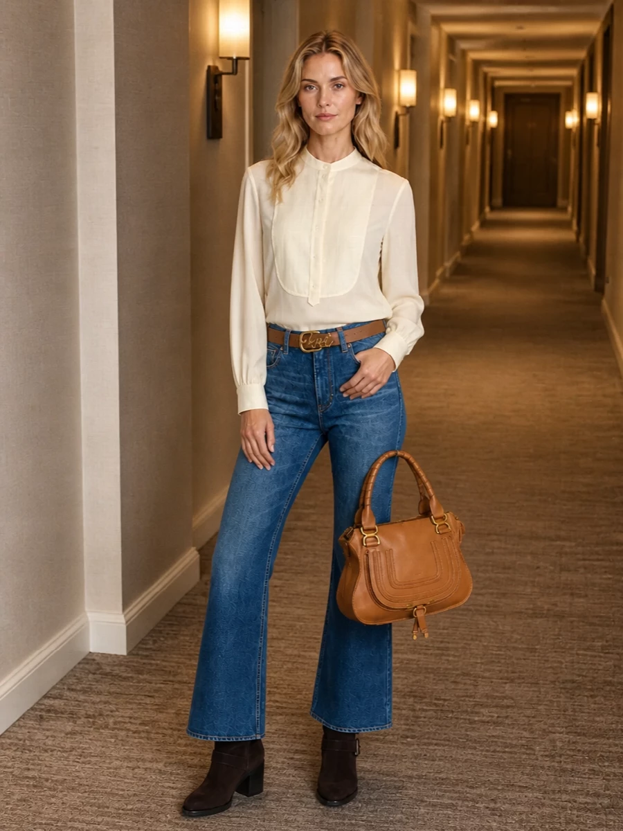 Chloe flared jeans cream blouse knee boots