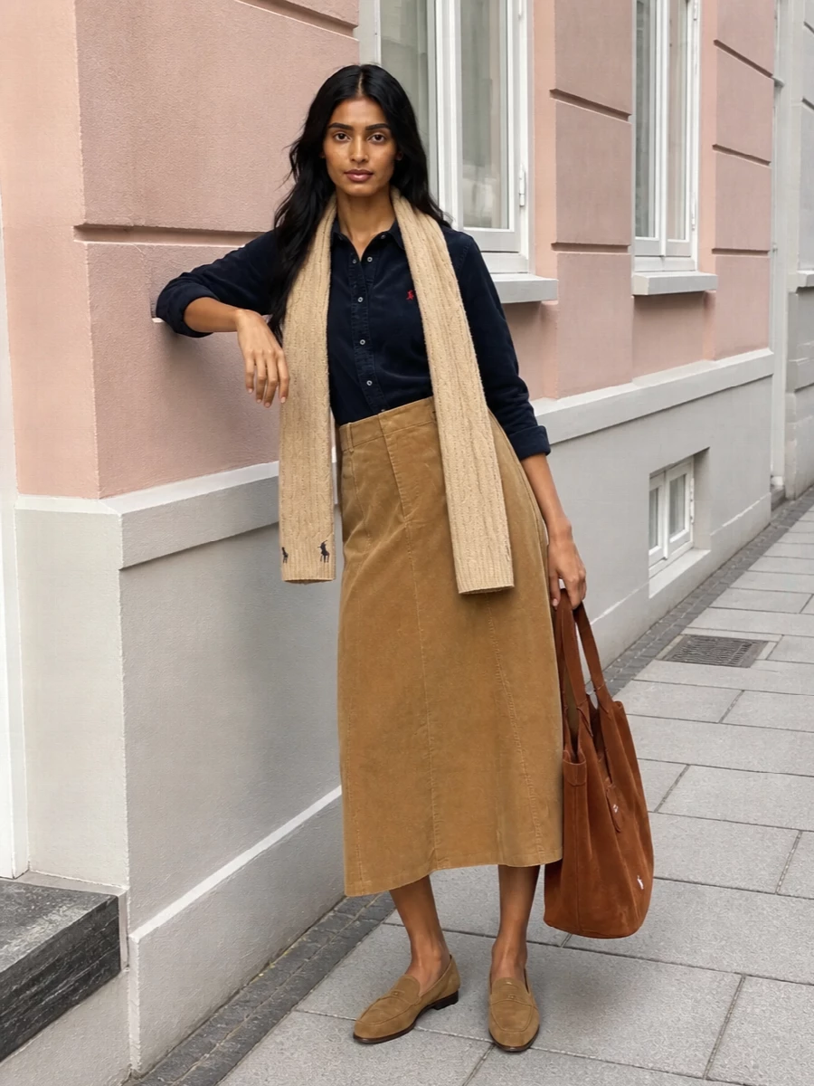 Polo ralph lauren corduroy shirt camel midi skirt