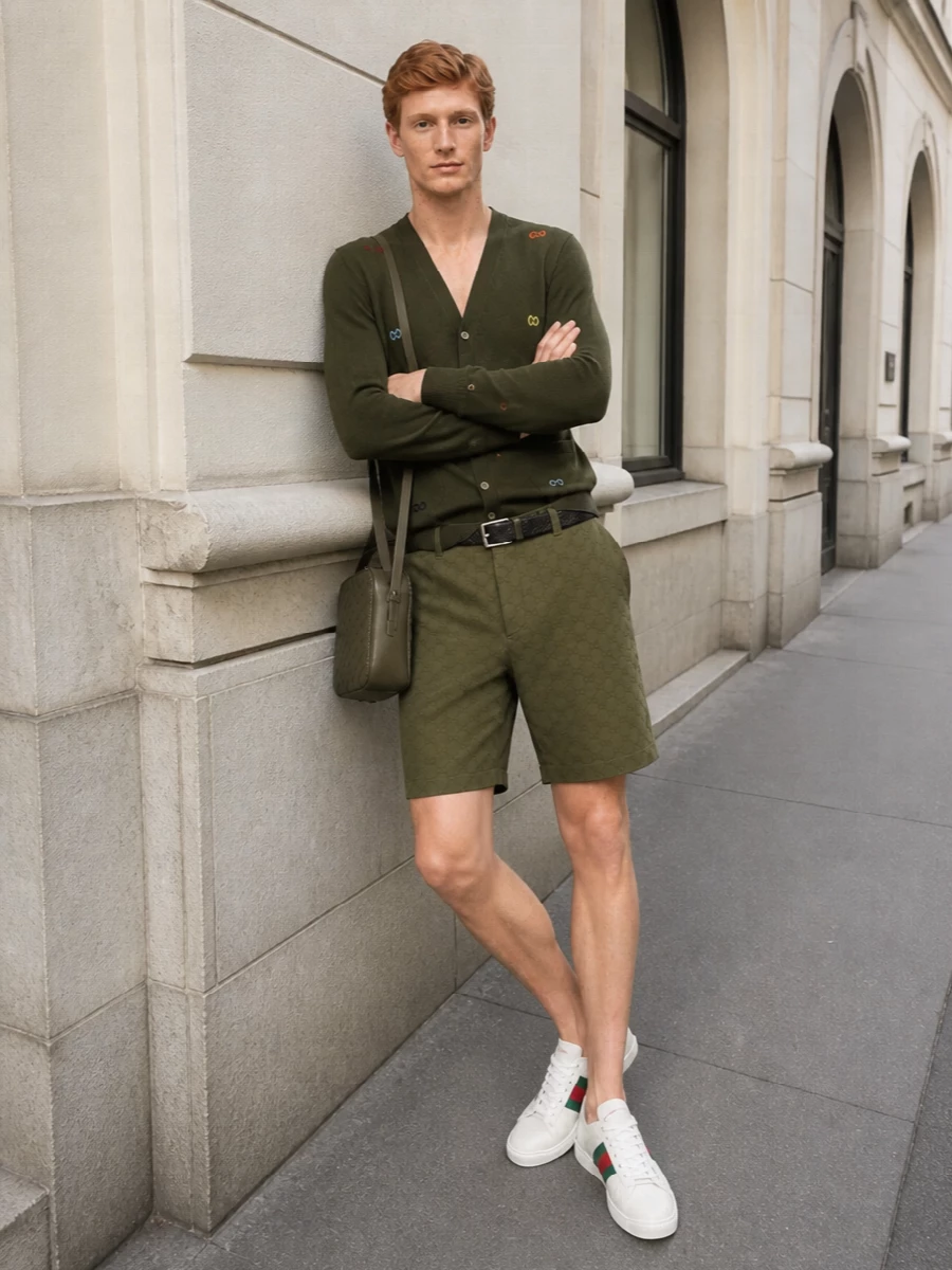 Gucci olive cargo shorts cardigan sneakers outfit