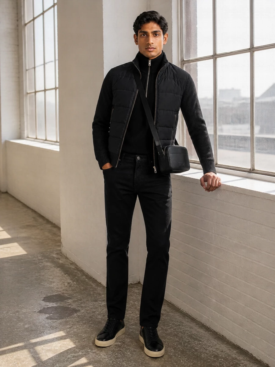 Tom ford black bomber denim sneakers mens outfit
