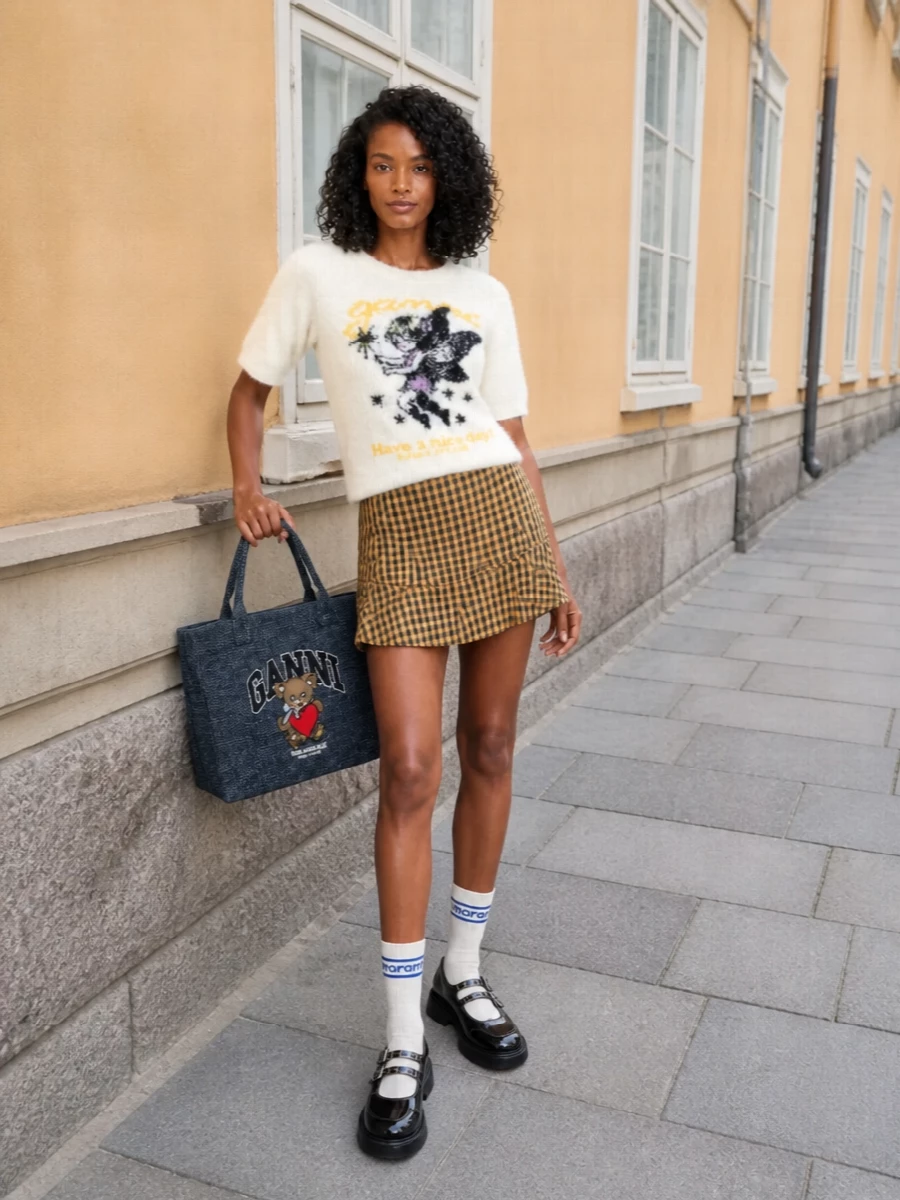 Ganni graphic knit checked mini skirt outfit
