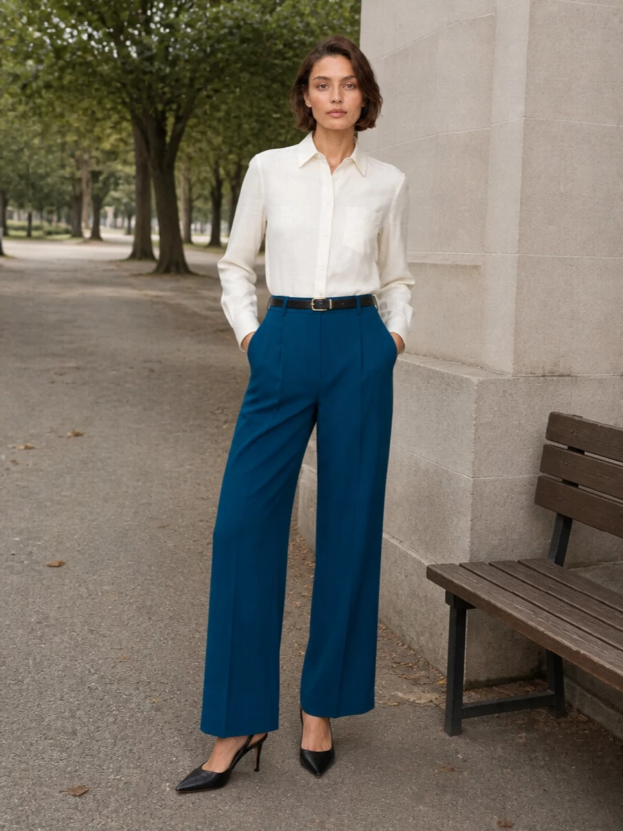 Michael kors teal wide leg trousers ivory shirt