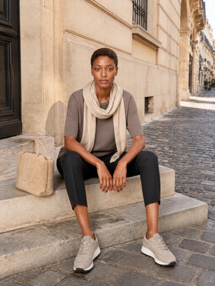 Extreme cashmere taupe sweater black trousers outfit