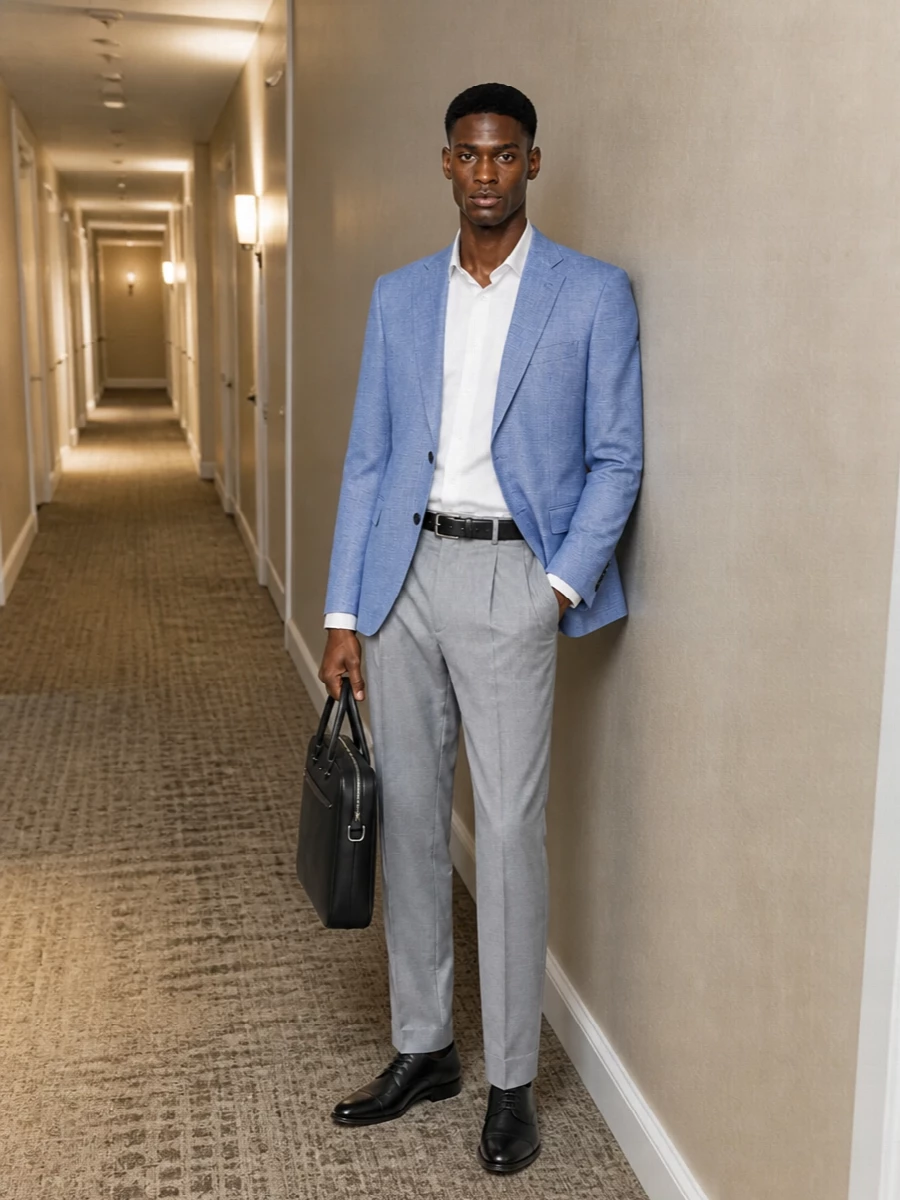 Boss grey trousers light blue blazer black oxfords