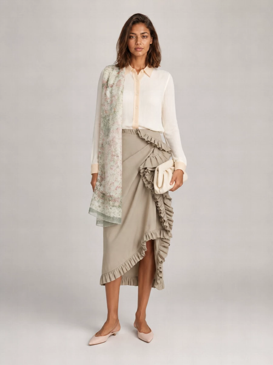 A softly tonal story of taupe and ivory lets the asymmetric ruffled skirt stay sculptural while everything else stays whisper light. The sheer button-up and pointed slingbacks keep the proportions clean and modern, with the pleated clutch and gauzy floral scarf adding just enough texture and colour for gallery afternoons that drift into dinner. It feels feminine, composed and quietly confident rather than overtly done.