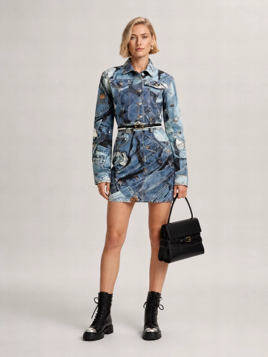 A graphic Moschino denim-print mini meets glossy combat boots and a sculpted black top-handle for a sharp, night-out take on street tailoring. The slim belt and pearl-drop studs refine the attitude, keeping the proportions tight at the waist and clean around the neckline so the trompe-l’oeil detailing stays the focus. It is a city-ready outfit that balances playful Y2K energy with grown-up structure and polish.