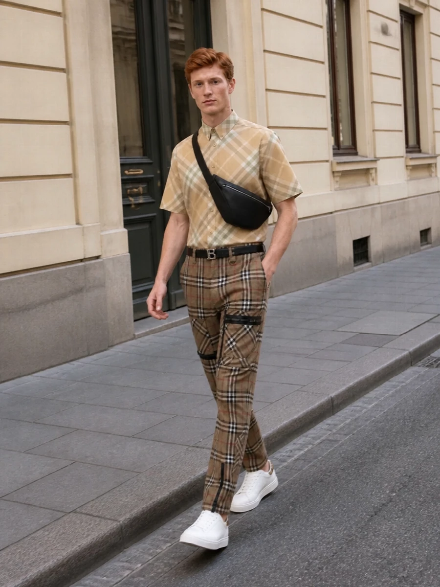 Burberry check cargo trousers short sleeve shirt outfit