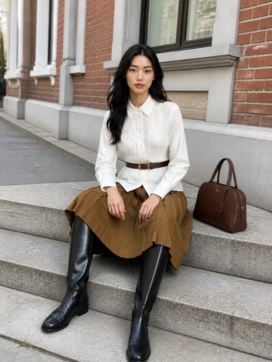 Prada camel pleated skirt white shirt knee boots