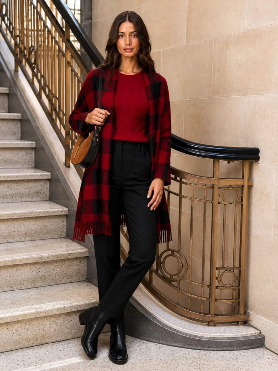 Ralph lauren red plaid coat black trousers outfit