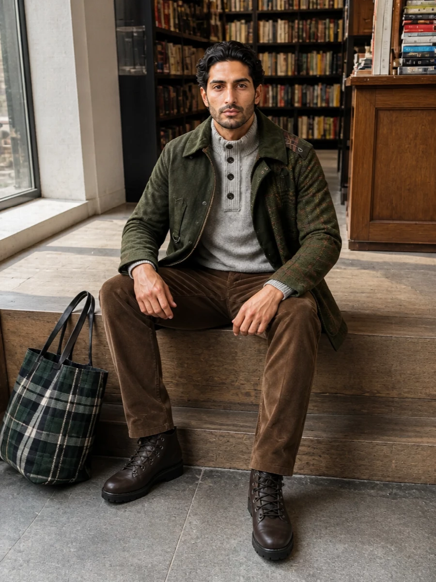 Barbour field coat brown corduroy hiking boots