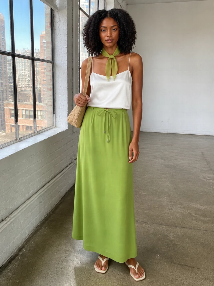 Lime, ivory and natural straw keep this outfit fresh and sunlit, with the satin camisole adding a gentle sheen against the skirt’s fluid column. Flat cream slides and the curved raffia cross-body keep the mood relaxed yet polished enough for terrace lunches or seaside evenings. The slim tie scarf finishes it with a soft, tonal accent that feels considered rather than decorative.