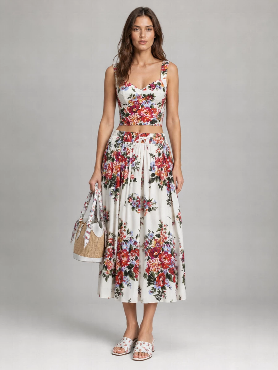 Dolce&Gabbana Cotton Floral Print Midi Pleated Skirt