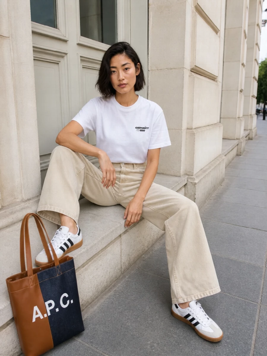 A crisp white Carhartt tee sits against high-rise light beige wide-leg trousers for a soft, utility-inspired base in black, white and neutral tones. Graphic black-and-white sneakers and striped socks sharpen the streetwear energy, while the structured two-tone A.P.C. tote adds a quietly polished, city-ready finish.