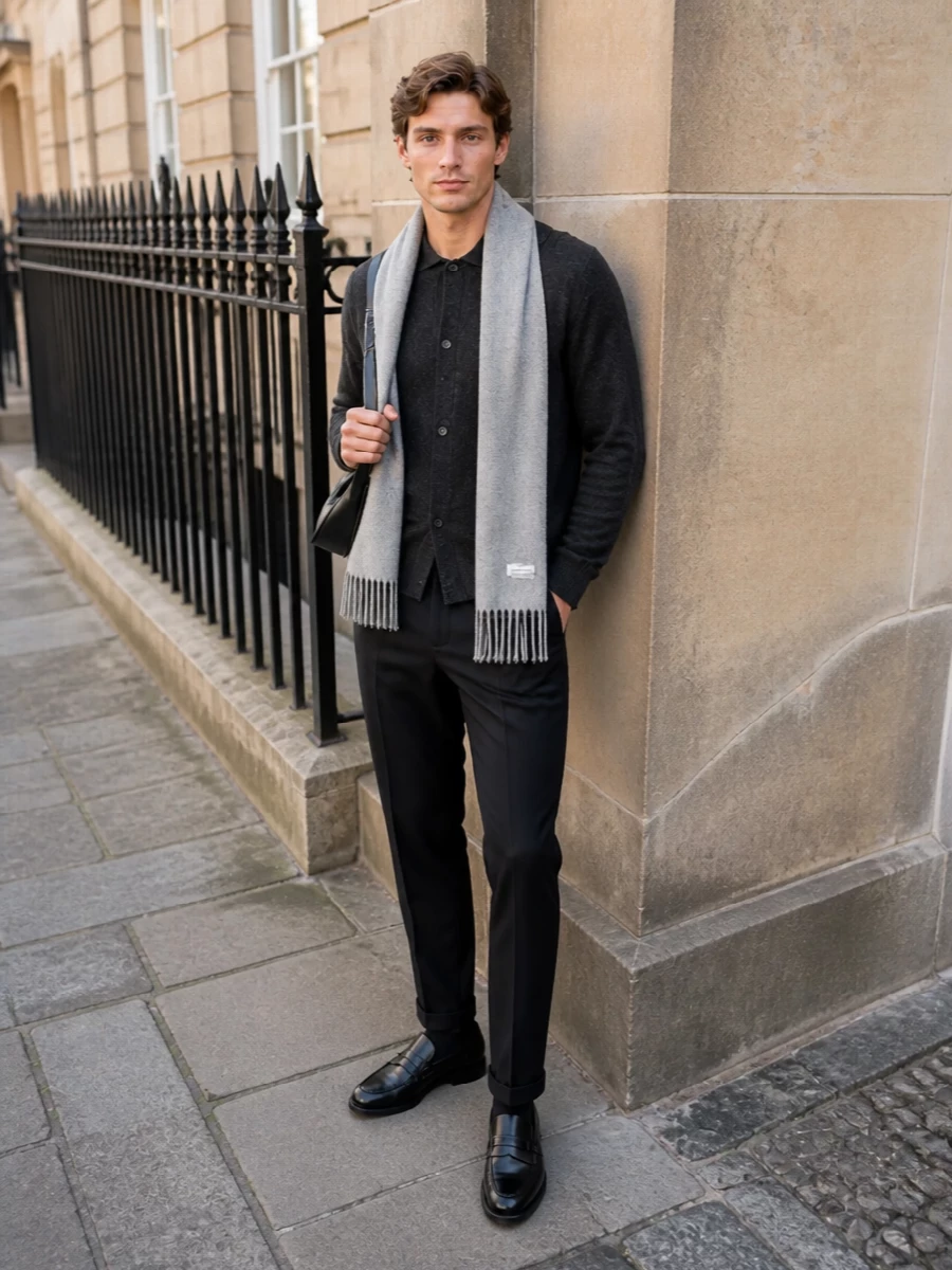 Inky Jacob Cohen trousers meet a charcoal collared cardigan for a low-key tailored uniform that feels precise but relaxed. Black loafers and a slim shoulder bag keep the lines clean, while a brushed grey scarf softens the monochrome with just enough contrast. It is a quietly composed option for city days that move effortlessly into dinner.