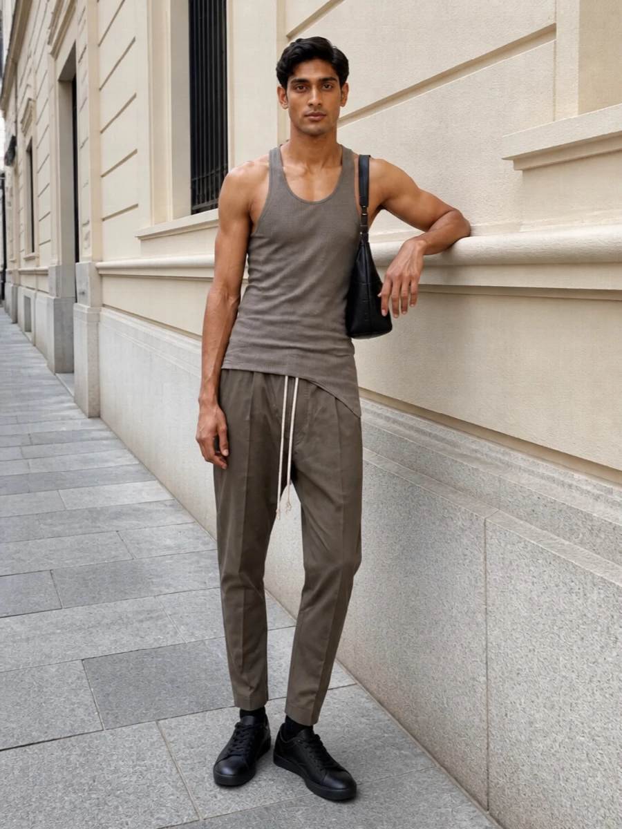 The stone rib tank drops into dusty taupe drop-crotch trousers for a long, tonal column that feels precise rather than sloppy. Black, low-profile sneakers and a curved leather shoulder bag keep the finish sharp but quiet, with tabi socks adding a small, knowing twist for those who notice details.